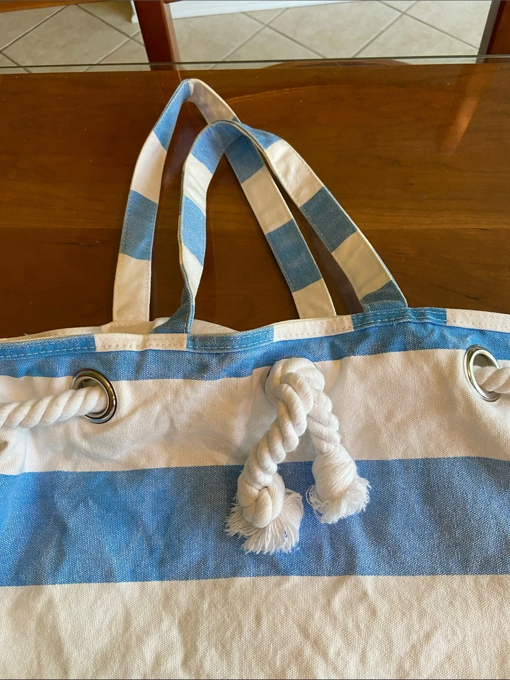 Canvas Nautical Stripe Tote Bag with Starfish Accent - Blue & White.  Cotton.